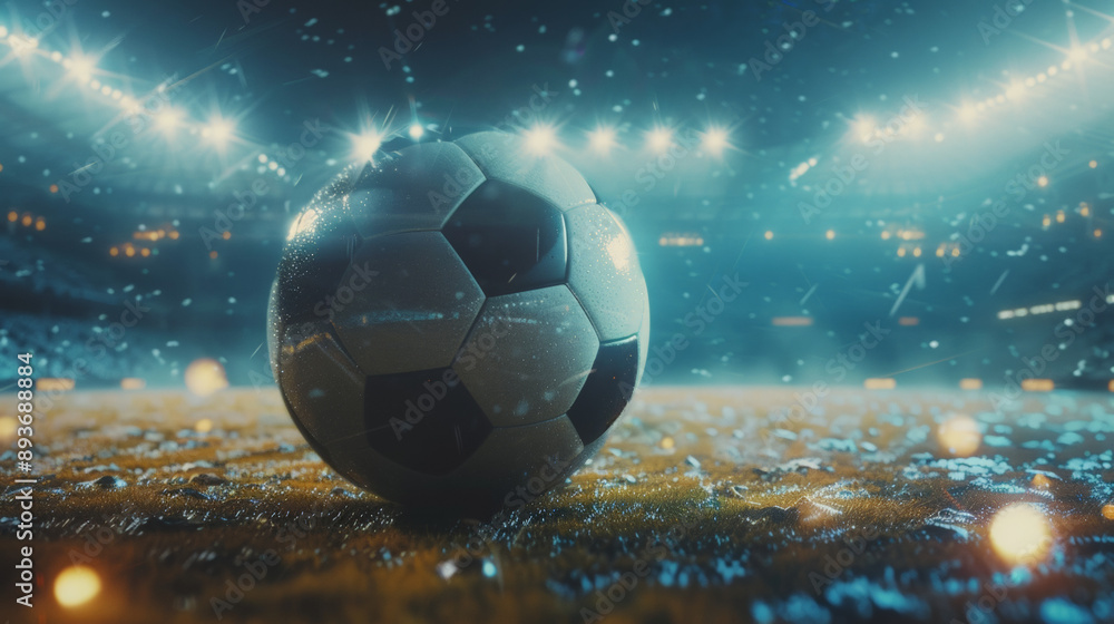 Fototapeta premium A soccer ball in closeup flying in the air on a big soccer field stadium at night filled with stadium lights.