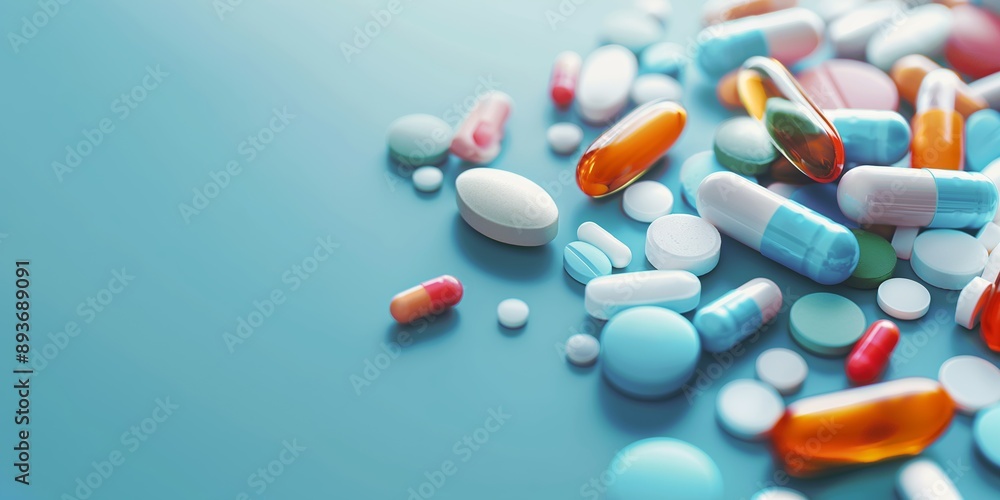 Variety of colorful pills, tablets, and capsules scattered on a blue gradient background, representing healthcare and medicine. Variety of colorful pills, tablets, and capsules scattered on a blue gradient background, representing healthcare and medicine.