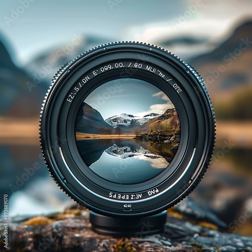 Close-up of a camera lens with a reflection of a stunning landscape