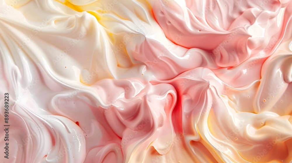 Abstract background with swirling cream and strawberry milkshake in warm colors of pink, yellow and white Abstract background with swirling cream and strawberry milkshake in warm colors of pink, yellow and white