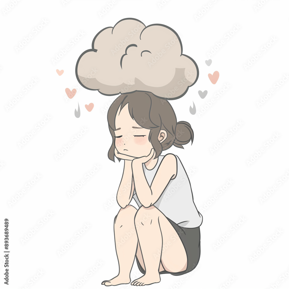 sad girl illustration with a raincloud over her head, representing poor mental health, brainfog and sadness sad girl illustration with a raincloud over her head, representing poor mental health, brainfog and sadness