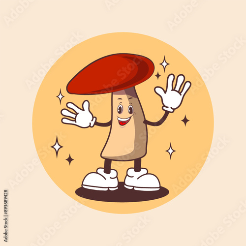Mushroom mascot groovy, positive emotion haracter