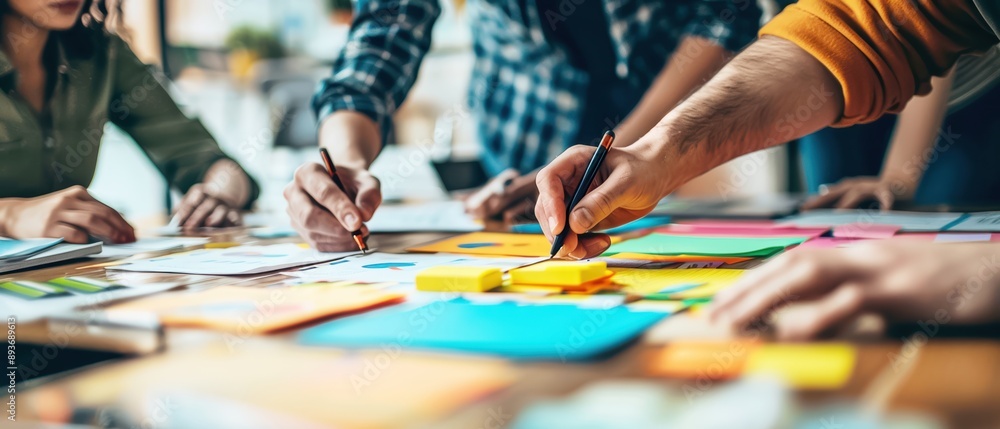 Obraz premium Team collaborating creatively with colorful paper and notes on a table, generating ideas and planning projects.