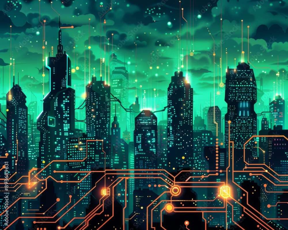 Obraz premium Futuristic Smart Cyber City illustration: Innovative Urban Landscape, futuristic technology and cyber punk concept, Graphic Resources, Wallpapers, Brochure, Websites, banner, Advertising, background