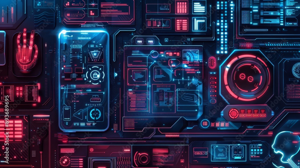 Futuristic digital interface with neon lights, showcasing advanced technology and high-tech controls in a cyberpunk aesthetic. Futuristic digital interface with neon lights, showcasing advanced technology and high-tech controls in a cyberpunk aesthetic.
