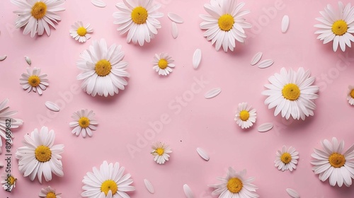 a pink background with white and yellow daisies