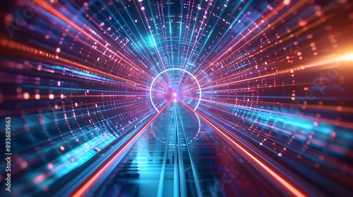 Glowing Neon Cyber Pathways Through Abstract Dimensional Tunnel