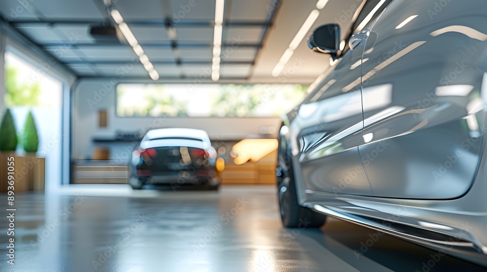 Sleek and Organized Modern Garage Interior with Parked Vehicle Sleek and Organized Modern Garage Interior with Parked Vehicle