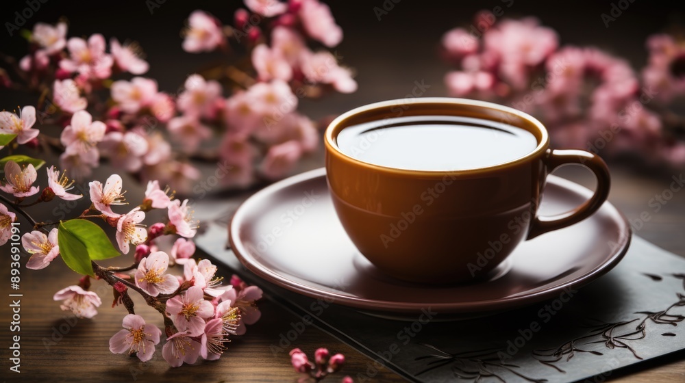 Cup of Coffee with Blossoming Cherry Blossoms on Wooden Table Cup of Coffee with Blossoming Cherry Blossoms on Wooden Table