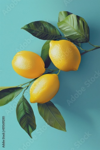 Bright lemons on blue, summer freshness, Mediterranean feel photo