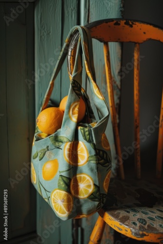 Lemon printed bag hanging on vintage chair