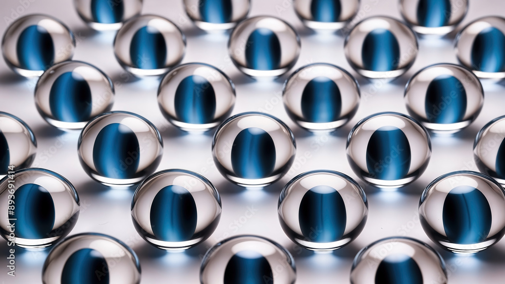 Pattern of shiny round clear glass spheres in multiple rows with white backdrop and unsettling blue cat's eye shape inside, minimalist design style. Pattern of shiny round clear glass spheres in multiple rows with white backdrop and unsettling blue cat's eye shape inside, minimalist design style.