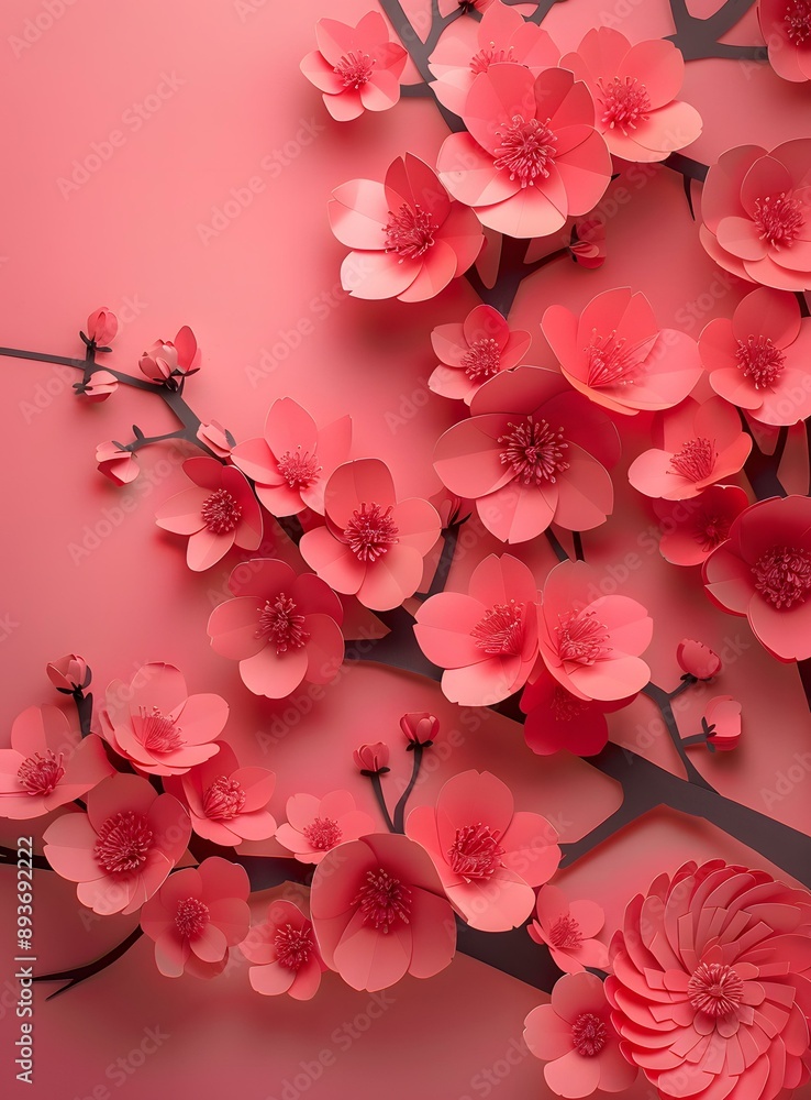Fototapeta premium Pink paper flowers on a pink background