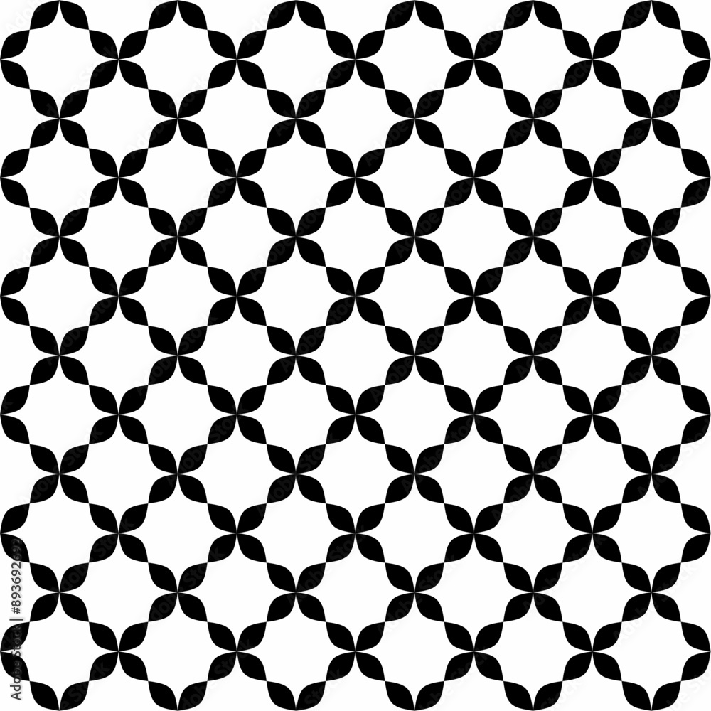 Seamless black and white geometric pattern, with simple four-petal leaf shapes. Suitable for various creative projects. Seamless black and white geometric pattern, with simple four-petal leaf shapes. Suitable for various creative projects.