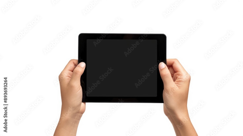 Hands holding black tablet isolated on white background Hands holding black tablet isolated on white background