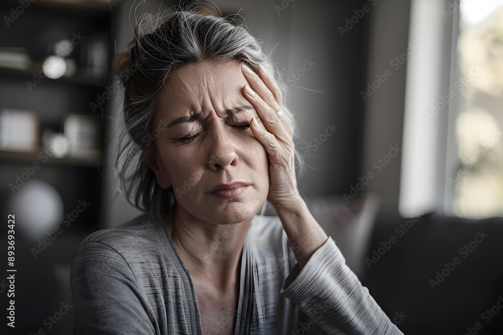 Middle-aged woman with migraine or headache holding head Middle-aged woman with migraine or headache holding head