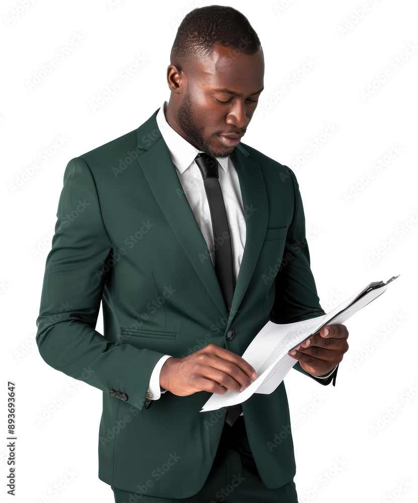 A man in a green suit is reading a book. He is wearing a black tie and has a serious expression on his face. Concept of professionalism and focus, as the man is dressed in a suit and tie A man in a green suit is reading a book. He is wearing a black tie and has a serious expression on his face. Concept of professionalism and focus, as the man is dressed in a suit and tie