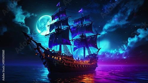 pirate ship in the night.Seamless 4k time lapse virtual video animation background