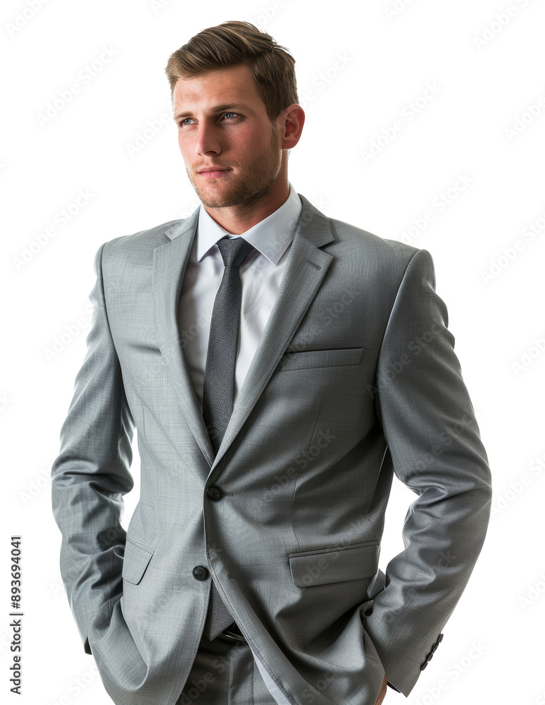 A man in a gray suit and white shirt is wearing a gray tie. He is standing in front of a white background A man in a gray suit and white shirt is wearing a gray tie. He is standing in front of a white background