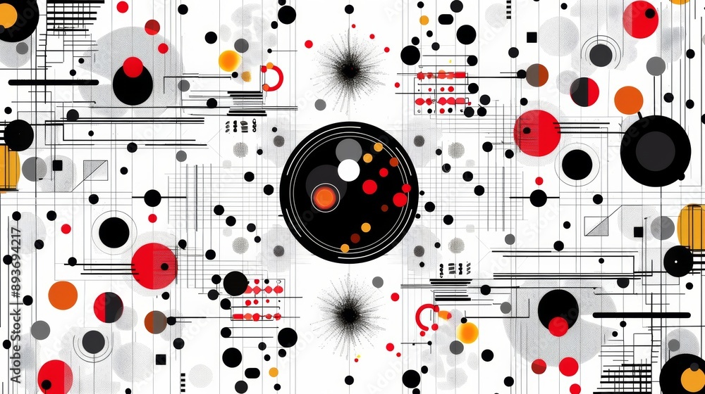 A colorful abstract painting with many circles and lines A colorful abstract painting with many circles and lines