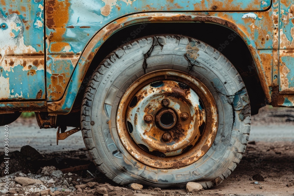 Old abandoned minibus with a flat tire Old abandoned minibus with a flat tire
