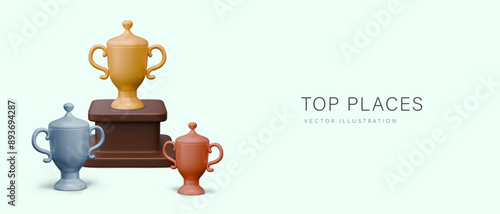 Horizontal concept with three cups. Trophy for top places. Gold, silver and bronze goblets