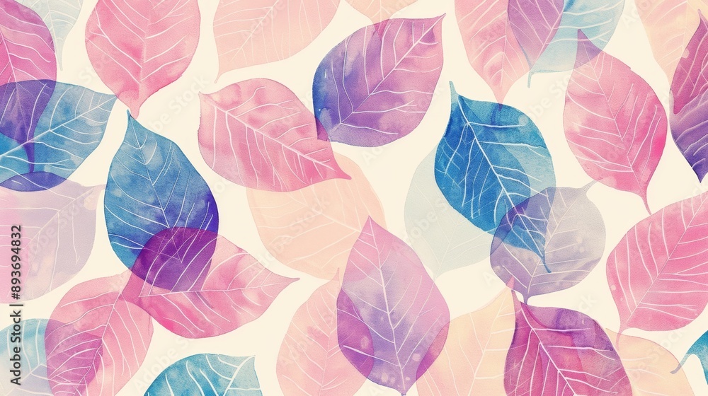A colorful painting of leaves with a pink and blue background A colorful painting of leaves with a pink and blue background