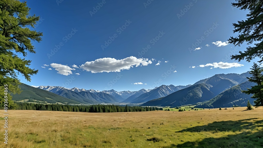 A scenic view of a grassy valley with mountains in the distance and a clear blue sky. A scenic view of a grassy valley with mountains in the distance and a clear blue sky.