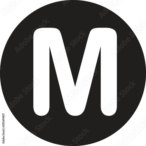 Round M black button Metro symbol sign vector, EPS10.Vector