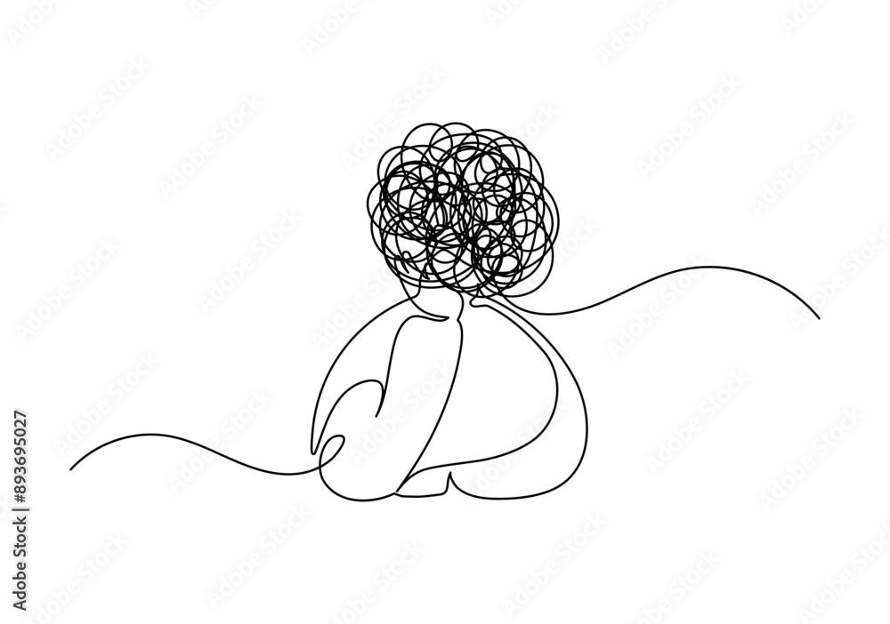 Overthinking concept. Worrying man. Continuous line drawing. Stock ...
