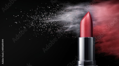 Close-up of red lipstick with powder explosion against black background, capturing the essence of makeup and beauty products.