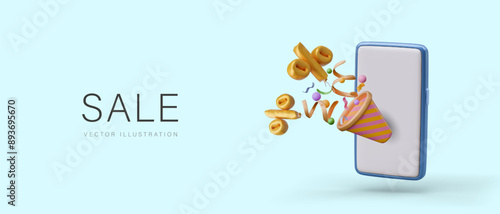 Online sale concept. Realistic smartphone, confetti cannon, golden percent balloons