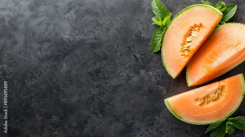 Fresh cantaloupe slices on a dark textured surface with green mint leaves, perfect for health, food, and summer themes. photo