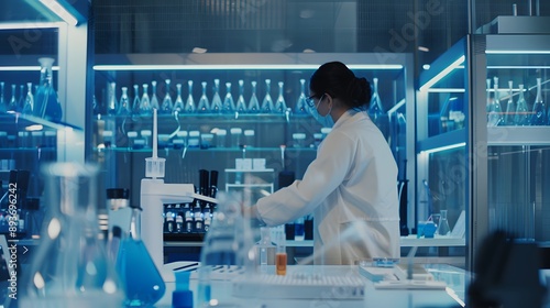A female scientist in a lab coat works in a modern lab.