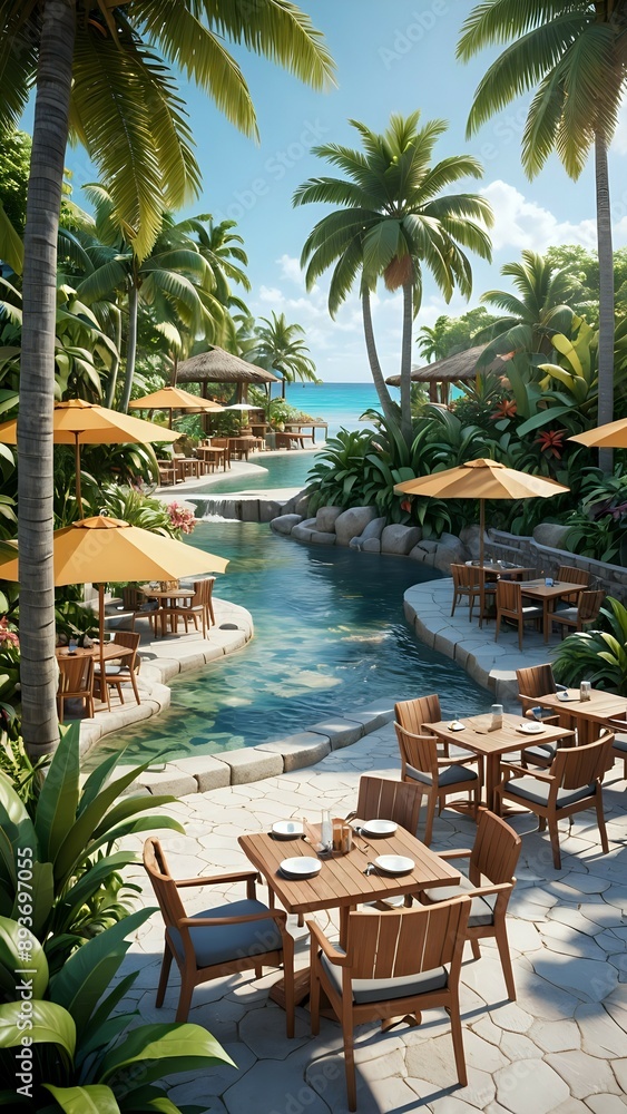 Fototapeta premium Relaxing tropical patio with tables and chairs by a pool overlooking the ocean.