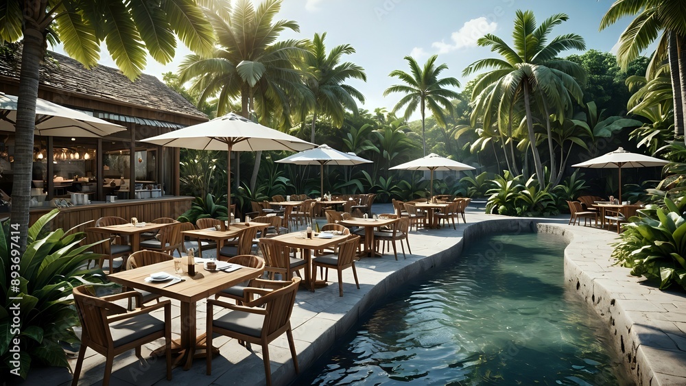 Fototapeta premium Tropical resort with poolside dining.