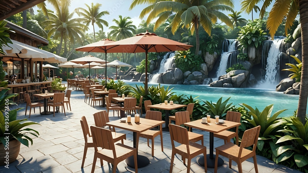 Fototapeta premium Relaxing tropical cafe with tables, chairs, and umbrellas overlooking a waterfall.