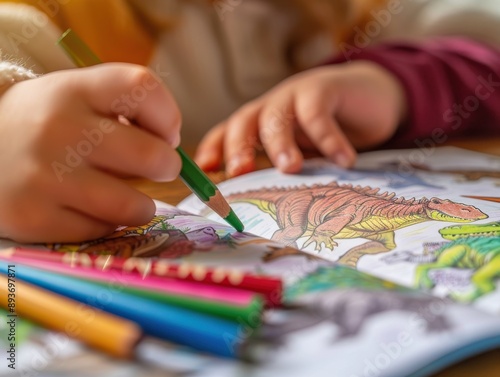 A child's hands carefully coloring inside the lines of a dinosaur coloring book with vibrant crayons photo