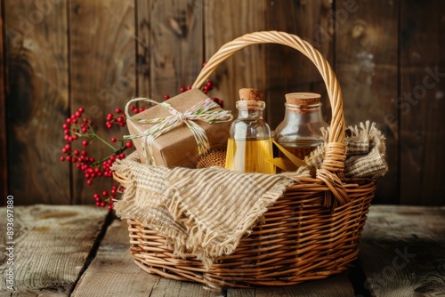 Products in a gift basket displayed on wood