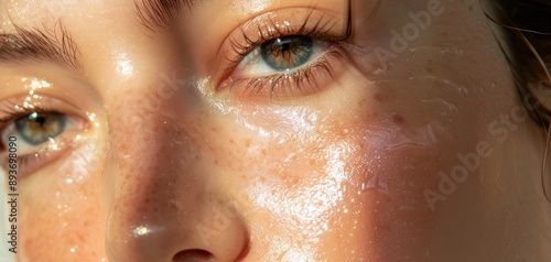 A close-up of a beauty girl's face with flawless skin, showcasing natural makeup and soft, glowing highlights photo