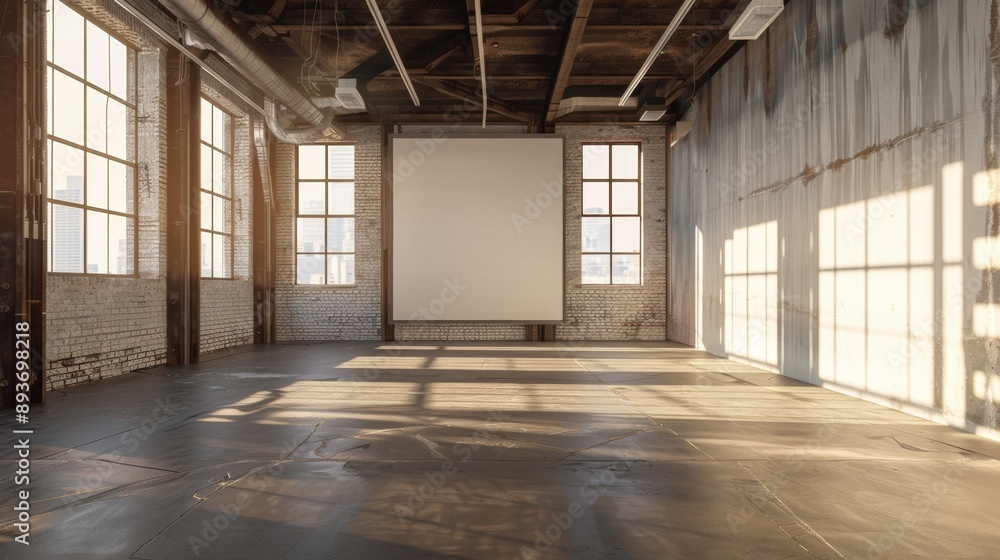 A large empty room with a white screen on the wall A large empty room with a white screen on the wall