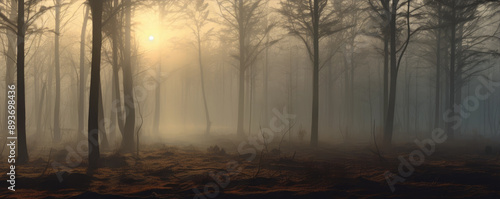 Foggy old forest in wide banner shape. Mystic nature panorama photo