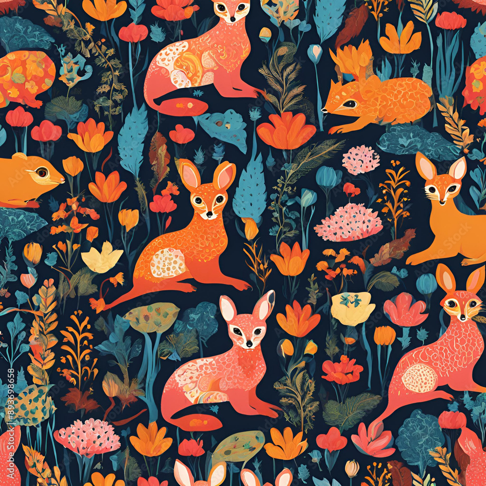 Vibrant Whimsical Pattern: Adorable Animals & Floral Motifs Seamlessly Combined Vibrant Whimsical Pattern: Adorable Animals & Floral Motifs Seamlessly Combined