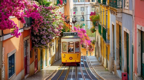 Yellow typical tram on a street with colorful houses and flowers on the balconies - Bica Elevator going down the hill of Chiado in Lisbon, Portugal