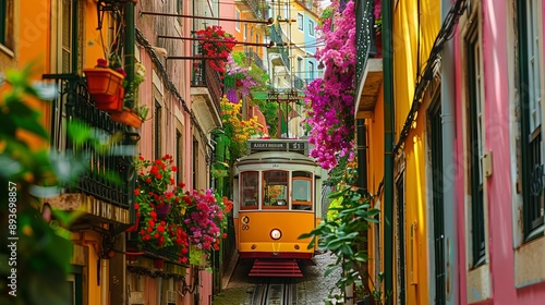 Yellow typical tram on a street with colorful houses and flowers on the balconies - Bica Elevator going down the hill of Chiado in Lisbon, Portugal