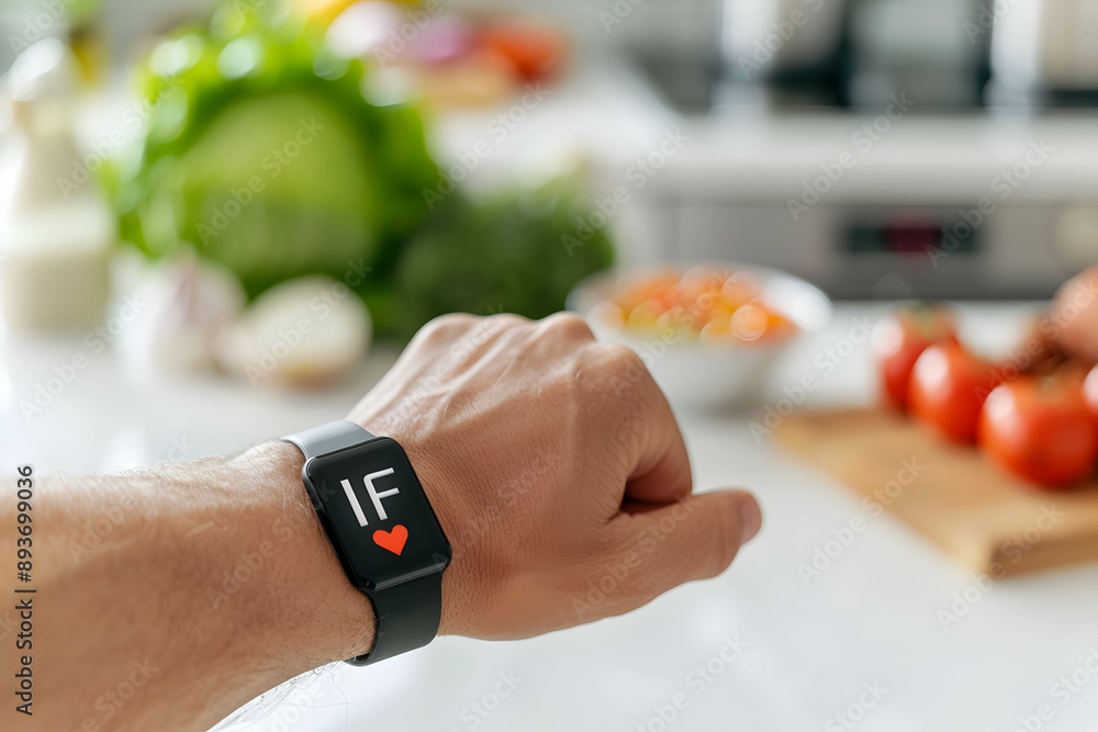 Fototapeta premium Intermittent fasting or IF concept, ketogenic diet, a wearable device tracking a person's on hand with word