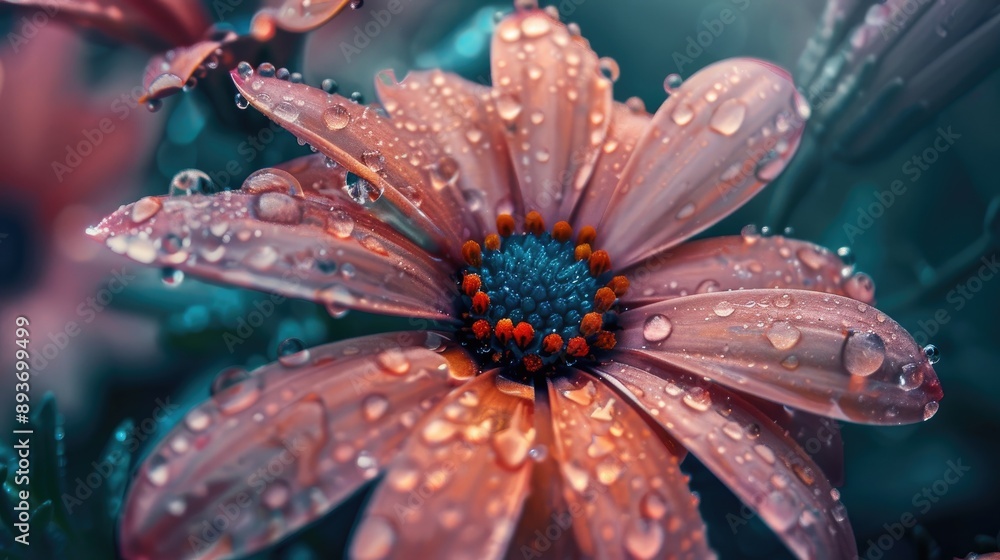 Blooming flower with dew drops in close up view Blooming flower with dew drops in close up view