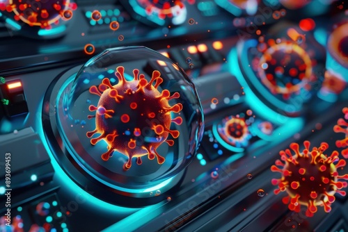 Close-up view of a virus model with a futuristic look, showcasing intricate details and vibrant colors on a sleek surface. photo