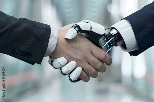 Using robot and AI helps in doing business and investing, close-up of a businessman shaking hand with a robot in agreement