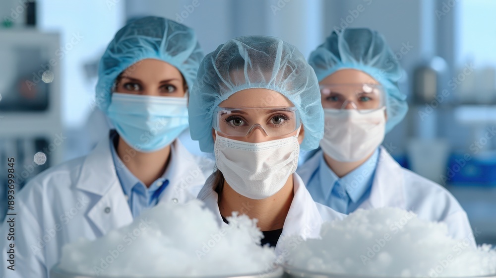Three scientists in lab coats and masks examine a cloud of cotton-like material in a modern laboratory environment. Three scientists in lab coats and masks examine a cloud of cotton-like material in a modern laboratory environment.